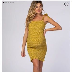 mustard floral smocked maternity mini dress